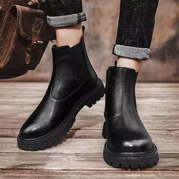 Модные мужские кожаные ботинки Модный минималистский стиль Мотоциклетные офисные мужские ботинки Для отдыха, деловых вечеринок, походные ботинки 38 чёрный