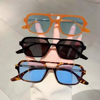 Fashion Trendy Women Double Bridge Sunglasses Square Stylish Shades for Travelling Hiking Men UV400 Protection Car Driving Sun Glasses as picture черный серый