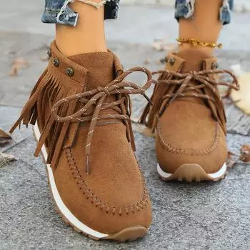 fashion Trendy Womens Tassel Ankle Boots Brown Faux Suede Lace Up Flat Booties Woman Comfort Solid Color Casual Short Botas Mujer 2024 36 коричневый
