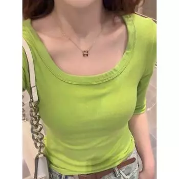 Fashion U Collar Shoulder Slim Looking Thread Half Sleeve T-Shirt Female Western Style All-Matching Solid Color Low Neck Half Sleeve Stretch Tops Avocado Green [five-point sleeve]] M