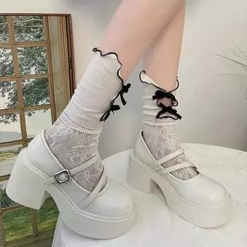 fashion Ultra High Heel Mary Jane Shoes for Women 2024 New Gothic Thick Sole Pumps for Women Plus Size Ankle Buckle Party Lolita Shoes 35 бежевый