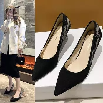 fashion Unique Design Women s Black High Heel Shoes with Delicate Lace Hollow-Out, Pointed Toe, Thin Heel and Breathable Lining 34 чёрный