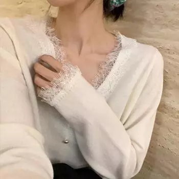 Fashion V-neck Lace Splicing Knitted Bottoming Shirt Women s Autumn Long Sleeve Slim Fit Thin Inner Top Female Loose Casual Simple Clothes 2563 One Size чёрный