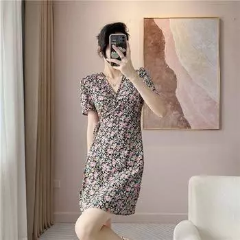 Fashion V-neck Slim-Fit High Waist Figure Flattering Short Sleeve Dress Red and yellow floral XL