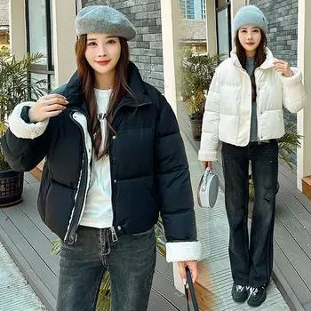 FASHION velvet women s 2024 new stand-up collar loose cotton-paddedlamb wool splicing cotton-padded s winterwomen s s Clothes M чёрный