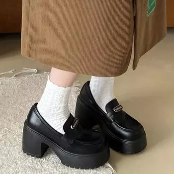 Fashion versatile black platform thick heel small leather shoes women s 2025 new summer skirt British style loafer shoes 35 матовый черный