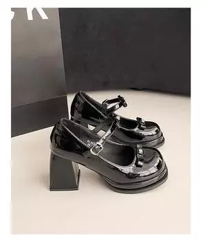 Fashion versatile bow shoes women s summer new one-word buckle with round head thick heel light mouth high heel single shoes 35