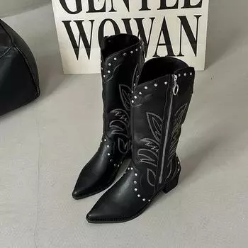 Fashion versatile casual western cowboy boots spring and summer new design sense pointed leather boots thick heel women s knight boots 35