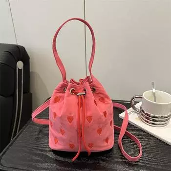 Fashion Versatile Drawstring Bucket Bag Denim Bag Women s Crossbody Bag Casual Small Bag Simple Handbag Shoulder Bag розовый