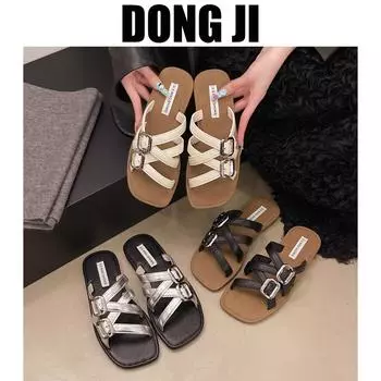 Fashion versatile flat-bottomed slippers women s 2025 spring new outer wear Xiaoxiangfeng cross word with sandals beach shoes 35