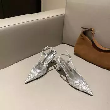 Fashion Versatile French Pointed Head Bag Head Lace High Heel Stiletto Sandals Single Shoes 35 серебряный