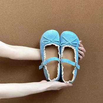 Fashion versatile lace ballet style round head shallow mouth single shoes summer retro suede temperament women Mary Jane shoes tide 35