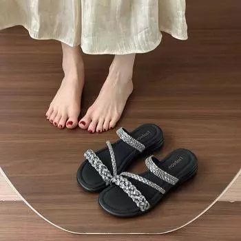 Fashion versatile niche design rhinestone sandals women s summer new comfortable casual beach fashion slippers 35