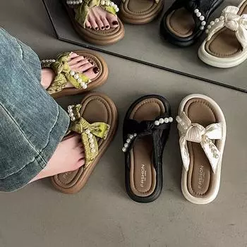 Fashion versatile pearl flat-bottomed slippers women s 2025 spring and summer new casual high-end French outer wear anti-skid drag 35 чёрный