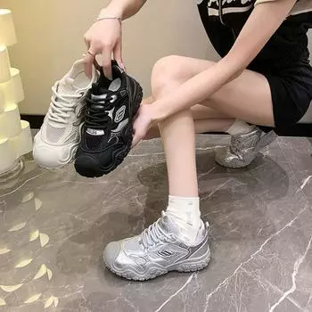 Fashion versatile platform tire dad shoes women s 2024 new mesh breathable advanced sense lightweight casual sports shoes 35 чёрный