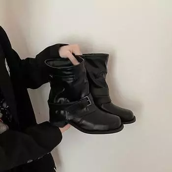 Fashion versatile pleated square head thick heel Martin boots women s autumn and winter new belt buckle heightened and thin women s boots 35