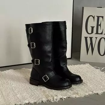 Fashion versatile retro belt buckle medium boots women s autumn and winter new belt buckle heightening fashion boots tide 35