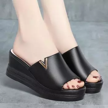 Fashion Versatile Soft Leather Summer Shoes Fashion Mother Outdoor Sandals Women Platform Wedge Heel Fish Mouth Flip Flop Sandals 35(Foot22.5cm)