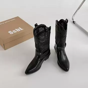 Fashion Versatile Woven Hollow Short Boots Retro Boots Women s Brown Pointed Boots Knight Boots 35