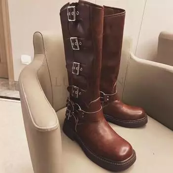 fashion Vintage Brown and Black Ladies Knight Boots Block Heel Boots Metal Strap Buckle Platform Large Size Retro Fashion Women s Boots 35 темно-коричневого