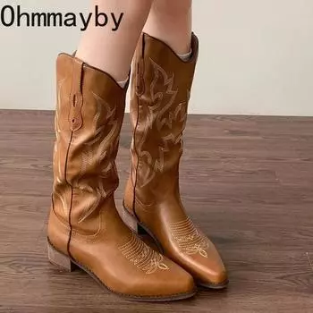 fashion Vintage Embroidery Women Western Knee-High Boots Fashion Pointed Toe Shoes Autumn Winter Thick Heel Ladies Knight Long Booties 35 коричневый