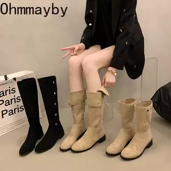 мода Винтажные женские длинные сапоги с острым носком Модные туфли без застежек Осень-зима Толстый каблук Женские сапоги в стиле вестерн для девушек-ковбоев 35