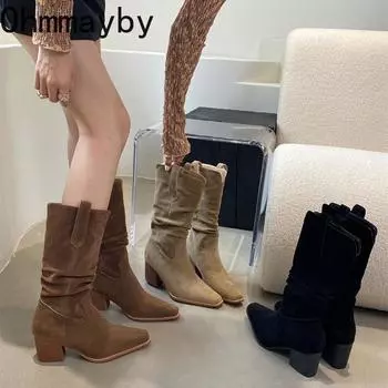 модные винтажные замшевые женские ковбойские сапоги модные туфли без застежек осень-зима толстый каблук женские полусапожки до середины голени 35 хаки