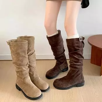 мода винтаж зима женские ботильоны модные плиссированные длинные ботильоны лаконичные квадратные низкие каблуки обувь 35 кофейный