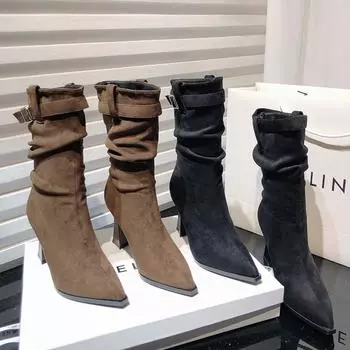 fashion Vintage Women Mid Calf Boots Fashion Pointed Toe Modern Booties Autumn Winter Thick Heel Ladies Shoes Botas Mujer 35 хаки