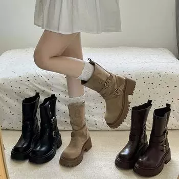 мода винтажные женские мотоциклетные ботинки модные слипоны рыцарские короткие ботильоны осень зима квадратные каблуки женская обувь 35 коричневый