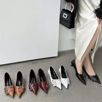 мода Винтажные женские туфли-лодочки для офиса Модные неглубокие туфли без застежек Весна Осень Дамы Элегантные туфли с острым носком на низком каблуке 35 коричневый