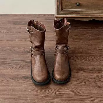 fashion Vintage Women Western Cowgirl Boots Fashion Slip On Belt Buckle Shoes Autumn Winter Low Heel Ladies Short Booties 35 коричневый