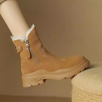 Fashion Warm 2025 New Snow Boots Genuine Leather Cow Suede Thick High Heels Zipper Ankle Boots Punk Short Motorcycle Boots Shoes 34 чёрный