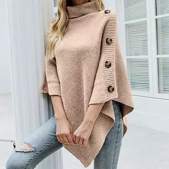Fashion Warm And Winter All-match Loose Shawl Cape Sweater Solid Color High-neck Cross-border Knitted Sweater Coat Female One Size