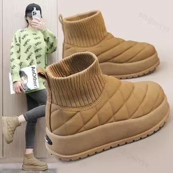 Fashion Warm Ankle Boots Winter Women s Fashion Plaid Warmth Plush Cotton Shoes 2024 New Waterproof Down Cloth Short Barrel Snow Boots 35 хаки