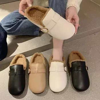 Fashion Warm Mules Slippers Women Plush Thick Comfortable Indoor Solid Leather Cotton Shoes Fashion Belt Buckle Casual Slipper 2024 35 чёрный