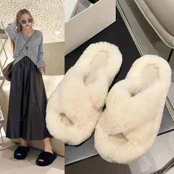 Модная теплая зимняя обувь Женские меховые тапочки Мягкие и удобные тапочки Женские плюшевые домашние тапочки с открытым носком и перекрестными ремешками 35 бежевый