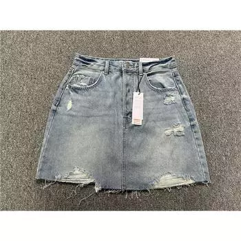 Fashion Water Washed Hole Cotton Raw Edge Denim Skirt Light Blue 32