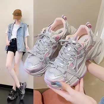 Модные кроссовки на танкетке, дышащая сетка, женская обувь, шнуровка, разноцветные туфли на толстой подошве, осенняя нескользящая женская обувь 35 чёрный