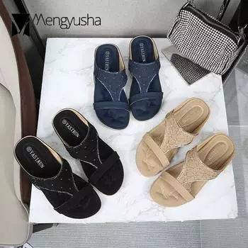 Fashion Wedges Crystal flower slippers women sandalias bohemian summer beach shoes woman flip flops comfy casual floral slides big size 6 синий