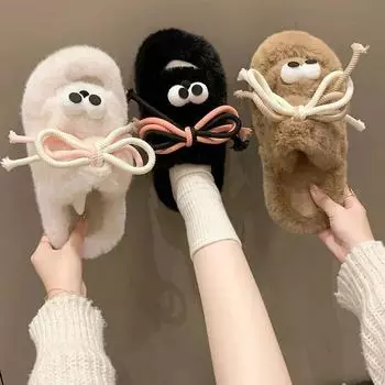 fashion White Fluffy Slippers Women Fashion Fur Slipper Home Cute Cartoon Slides Platform Indoor Floor Flip Flops Women Ladies Shoes 35 чёрный