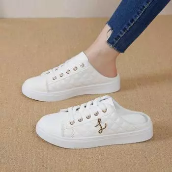 Модные белые полутапочки женские вулканизированные туфли ретро низкие балетки дышащие ленивые мокасины уличные прогулочные туфли повседневные кроссовки 35 белый