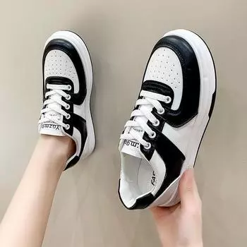 Fashion White Shoes Women s Black White Color Matching Round Toe Casual Sneakers Comfortable All-match Soft Leather Sports Shoes 35 чёрный