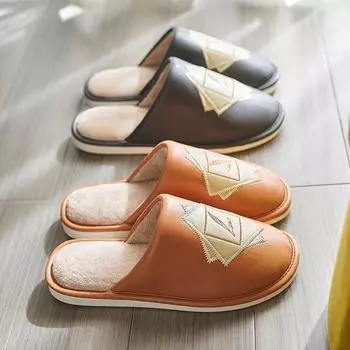 Fashion Whoholl Winter Women Slippers Patent Leather Home House Indoor Non-Slip Thermal Shoes Men Warm Furry Slippers Plus Size Hot 5.5 коричневый