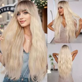 Модный парик из химического волокна, золотистый, большой, полный парик, вьющиеся волосы, воздушная челка, волна, длинный, полный парик сверху, пушистый, градиентный 30cm