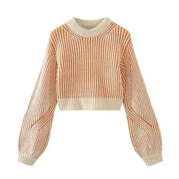 Fashion Wind 2023 New Fall Women s Clothing Loose Short Pullover round Neck Long Sleeves Knitwear Sweater 9598800 Orange M