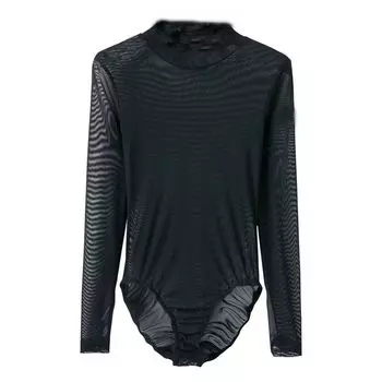 Fashion Wind Black Long Sleeve Mesh One-Piece Women s T-shirt Thin Perspective Latin Dance One-Piece Crotch Tops Black pure color S