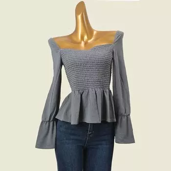 Fashion Wind Elastic Chest Wrap Long Sleeves Thin Top French Style Design Square-Neck Cinched Pullover Foreign Trade Women s Clothing Grey M