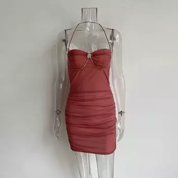 Fashion Wind Sexy Sexy Halter Skirt Tight-Fitting Cinched Tube Top Backless Dress Elegant Hip-Wrapped Dress Dress Female Pink M