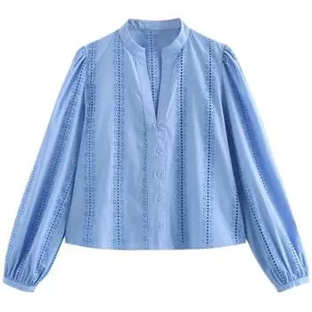 Fashion Wind Summer Long-Sleeve V-neck Hollow Pure Cotton Embroidery Blue L
